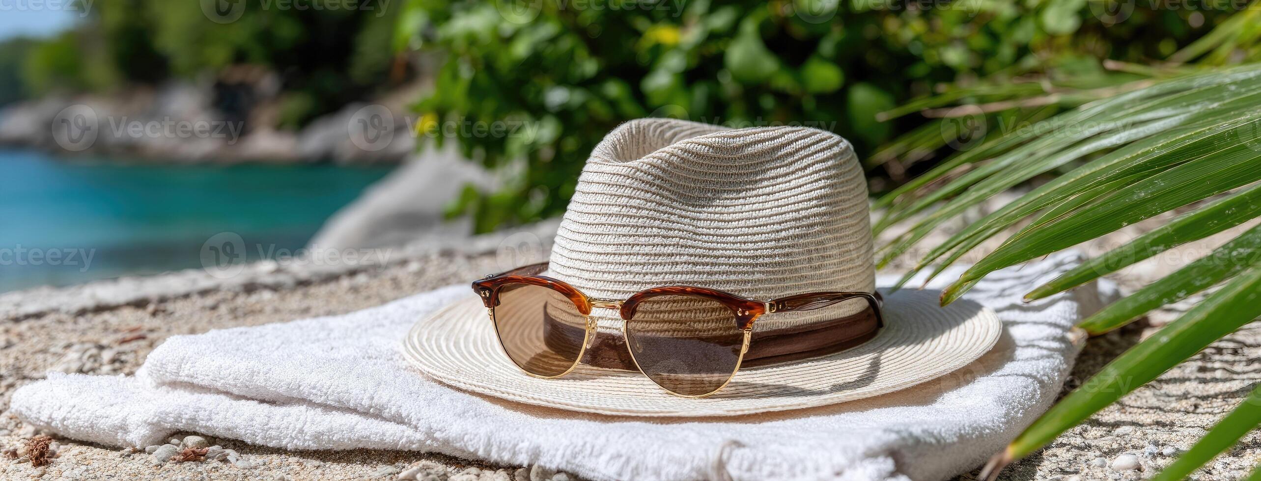 A hat and sunglasses on a towel near the ocean photo