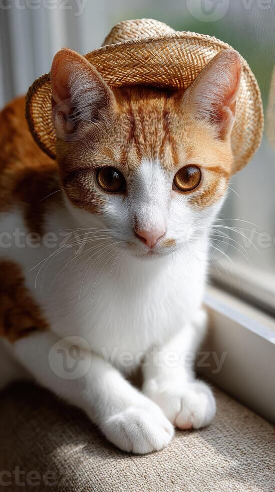 A cat wearing a straw hat photo