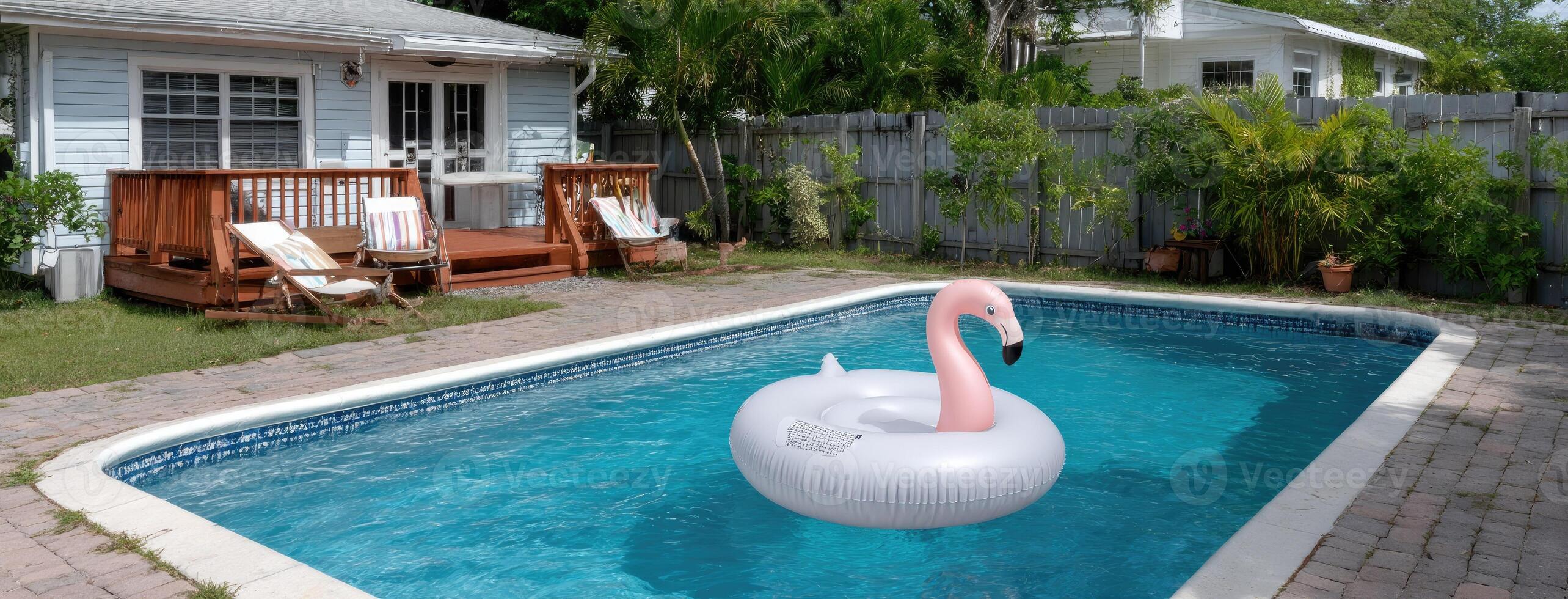 A swimming pool with a flamingo floating in it photo