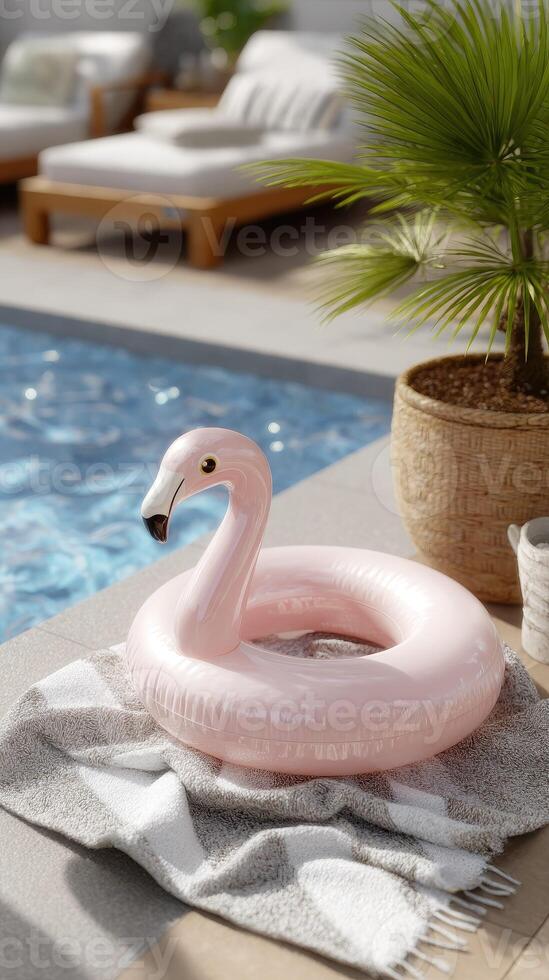 A pink flamingo inflatable pool toy sitting on a towel near a pool photo