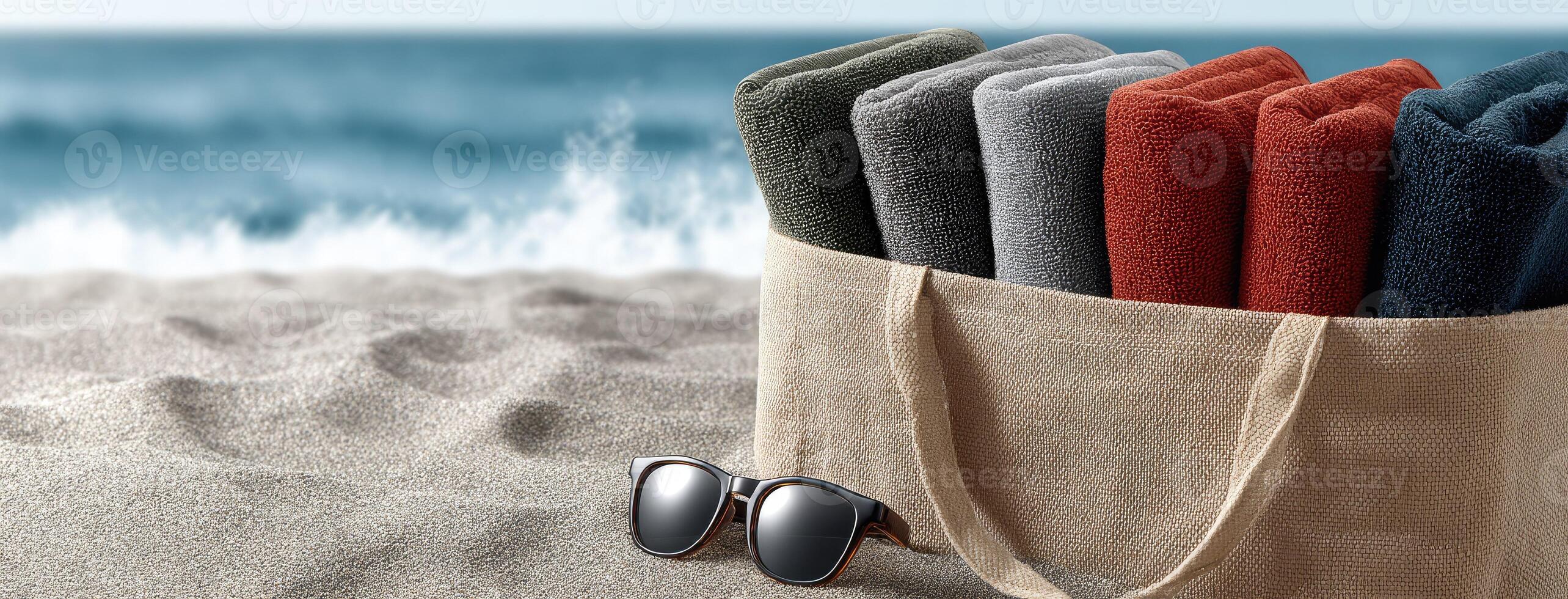 A beach bag with sunglasses and towels on it photo