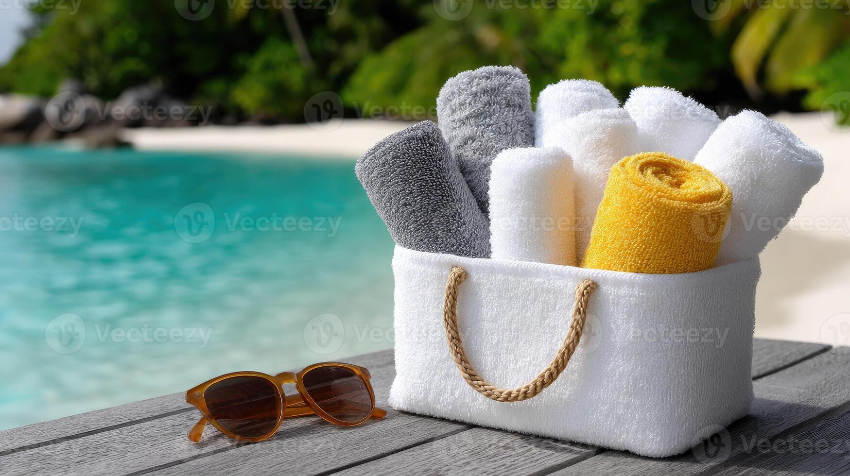 A white bag with towels and sunglasses on a wooden table photo