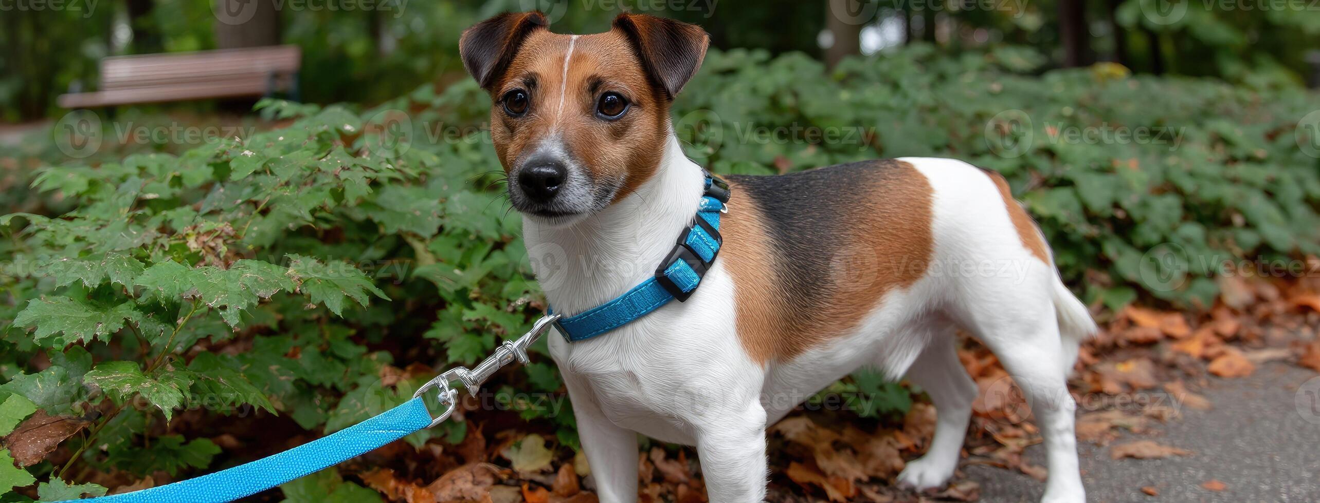 A dog on a leash in the park photo