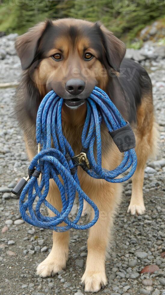 A dog holding a blue rope in its mouth photo