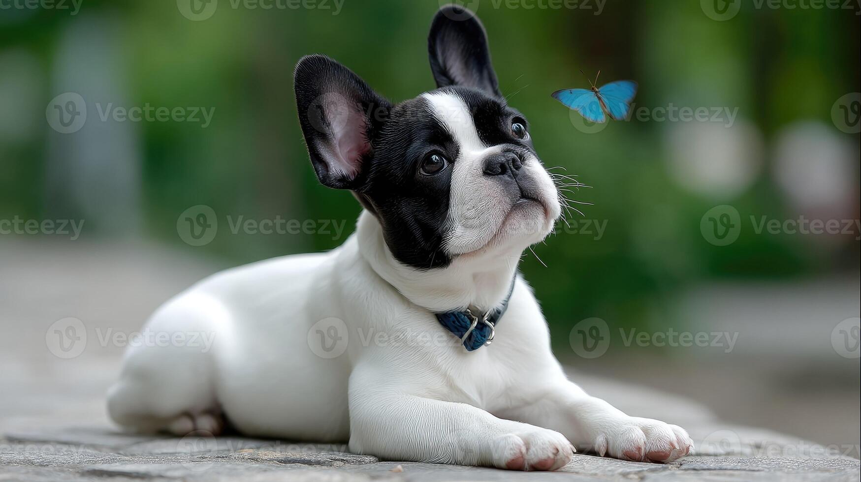 A small black and white dog with a butterfly in the background photo