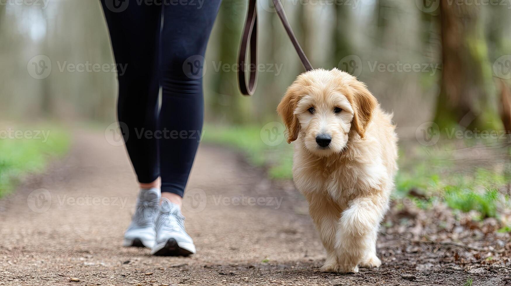 A woman walking a dog on a leash photo