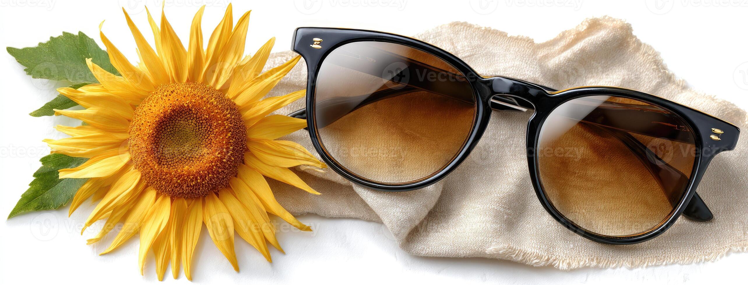 Sunglasses and sunflower on a cloth photo