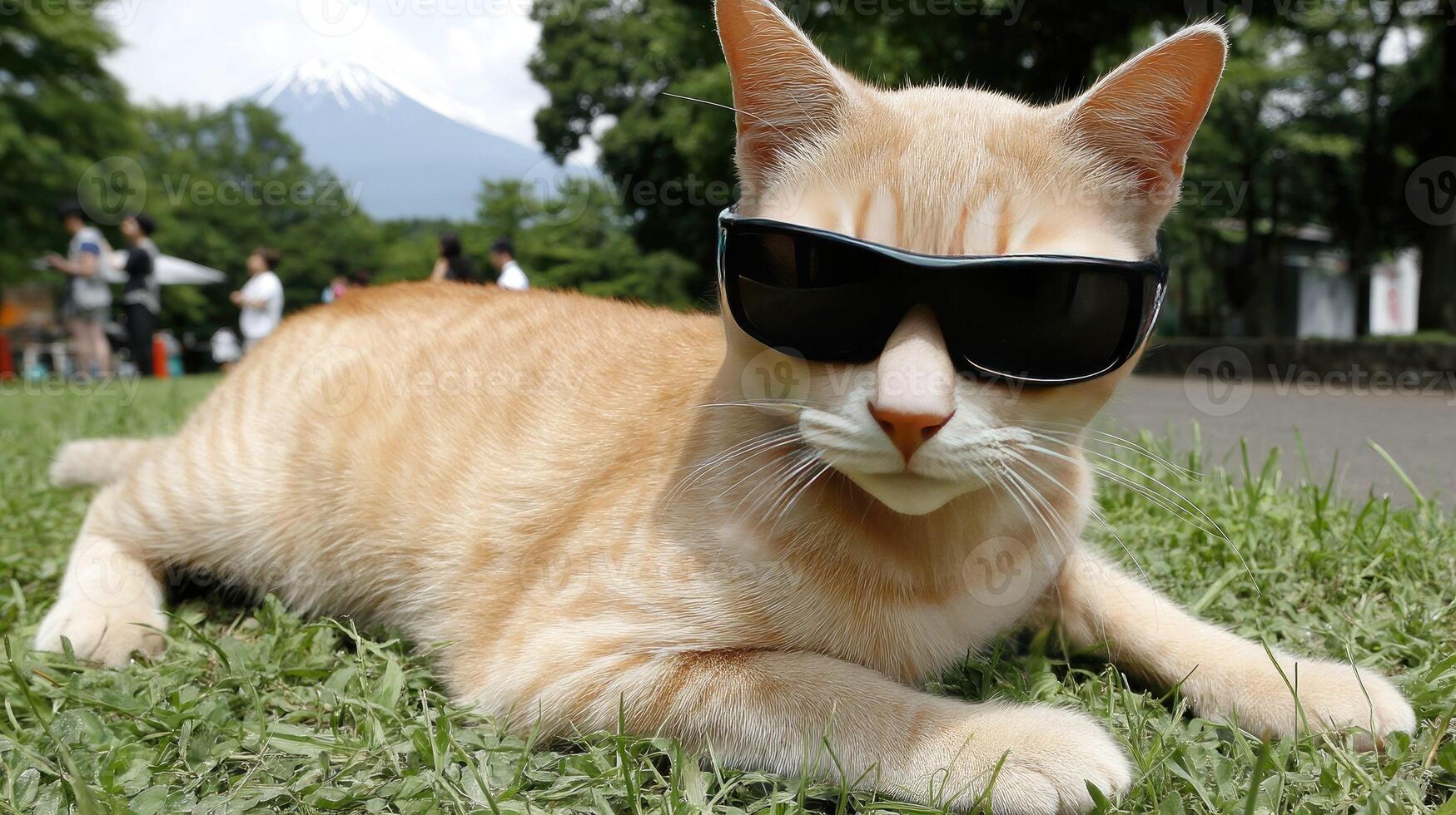 An orange cat wearing sunglasses laying on the grass photo