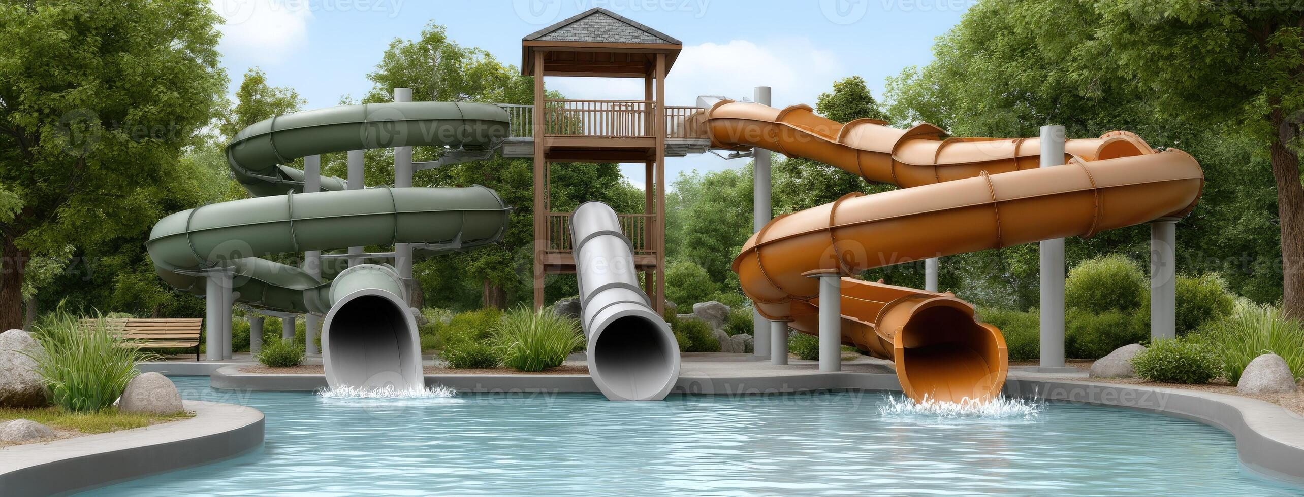 A water slide in a park with trees and a wooden structure photo