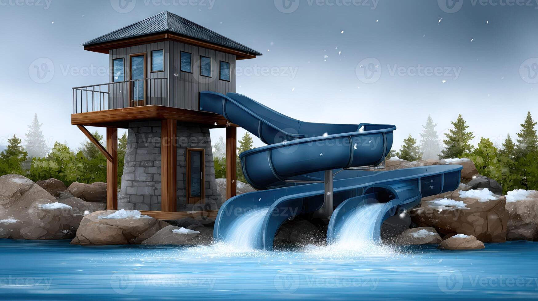 Water slide in the forest with a house and a waterfall photo