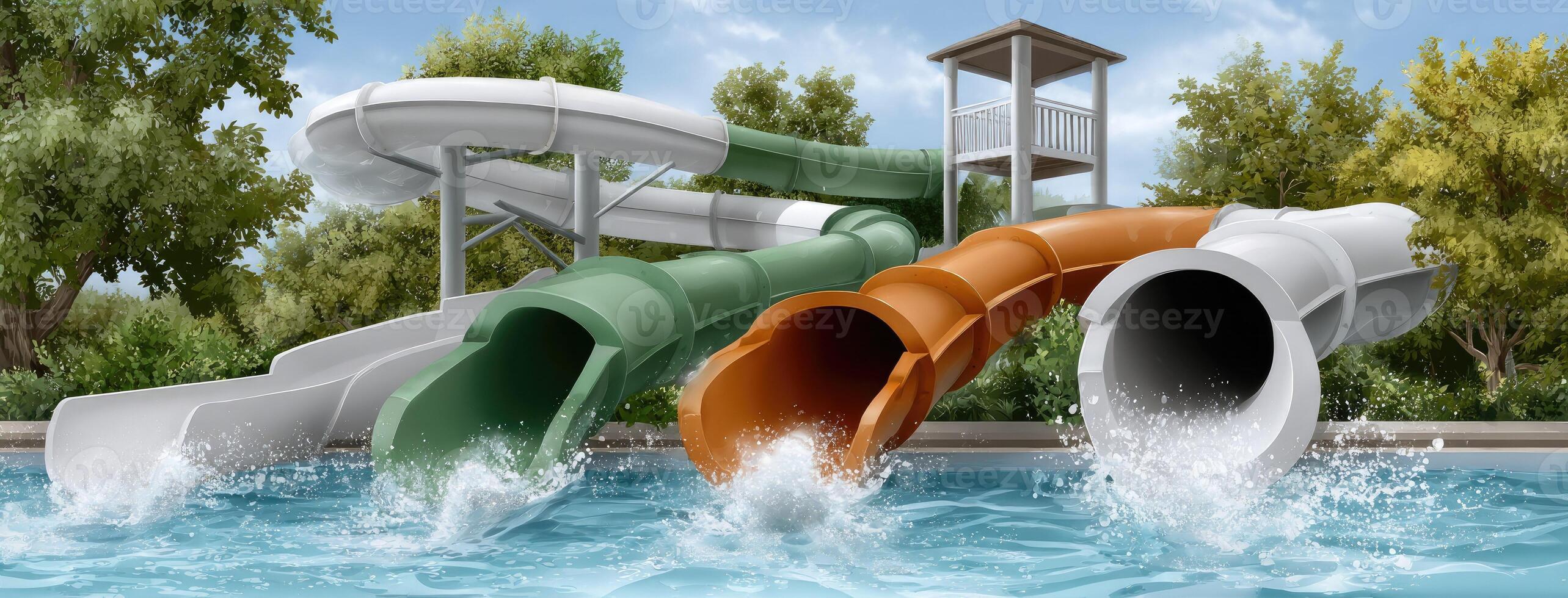 Water slides in a park with trees and water photo