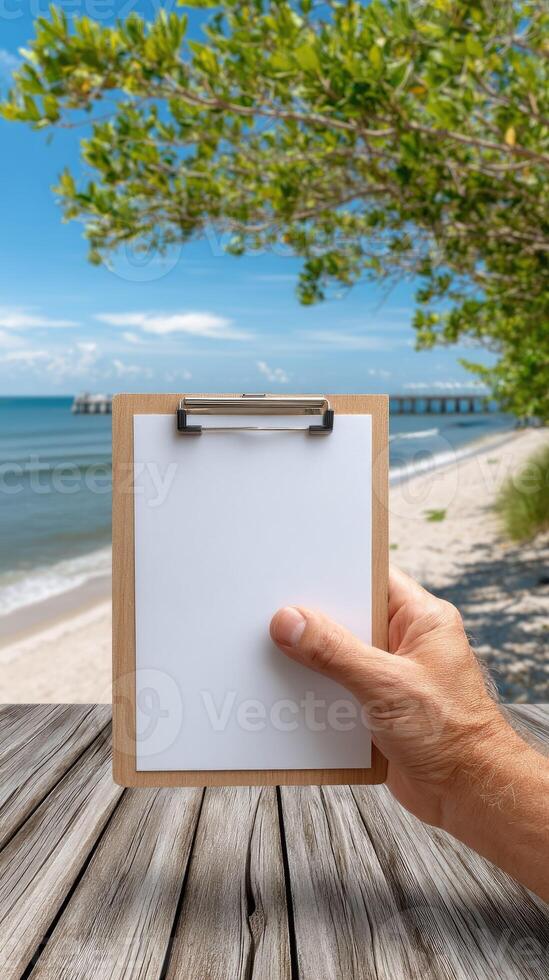 A man holding a clipboard with a blank paper on a wooden table with a beach in the background photo