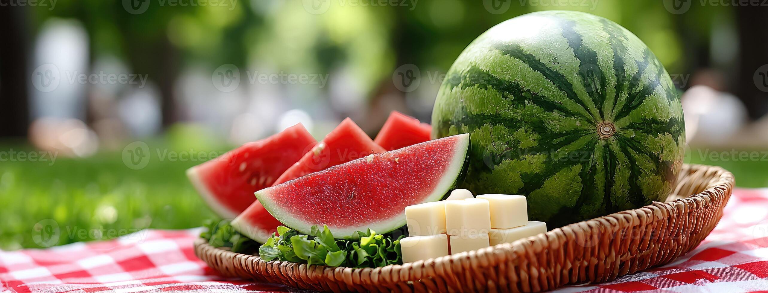 A basket with watermelon, cheese and other food on a picnic blanket photo