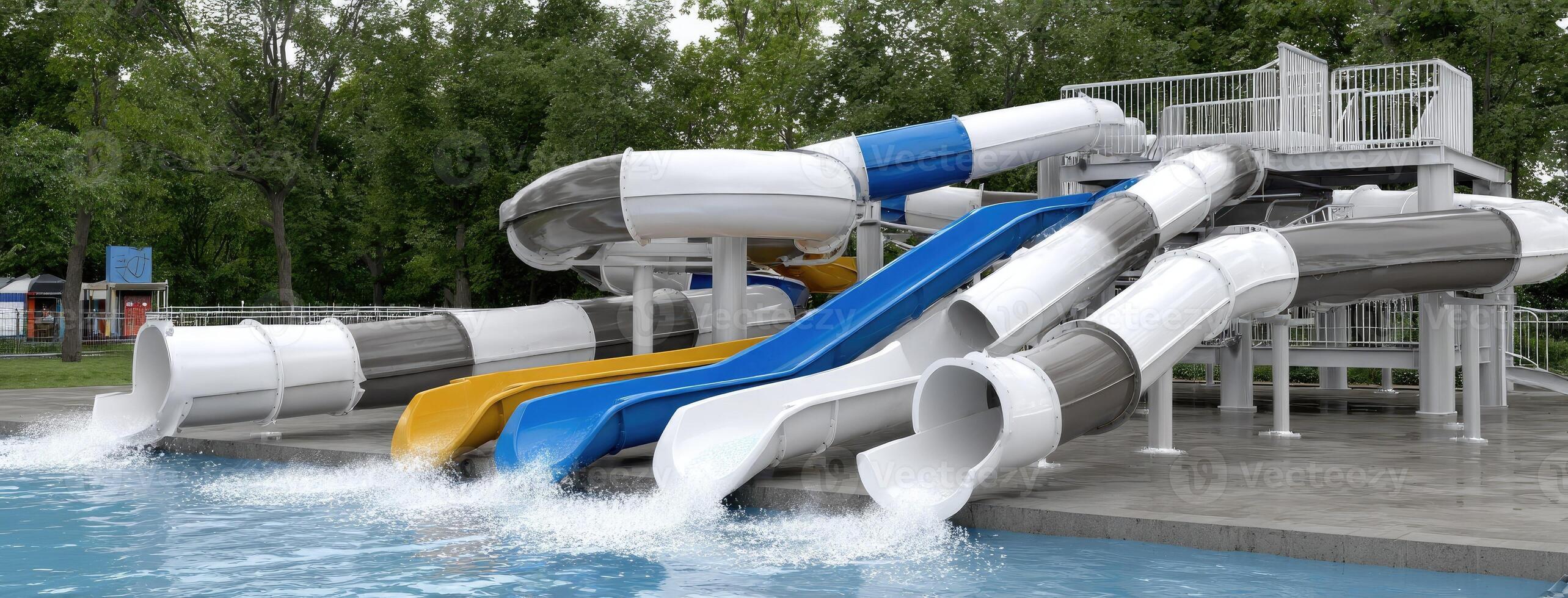 A water slide with a large blue and yellow slide photo