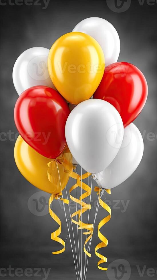 A bunch of balloons with red, white and yellow ribbons photo