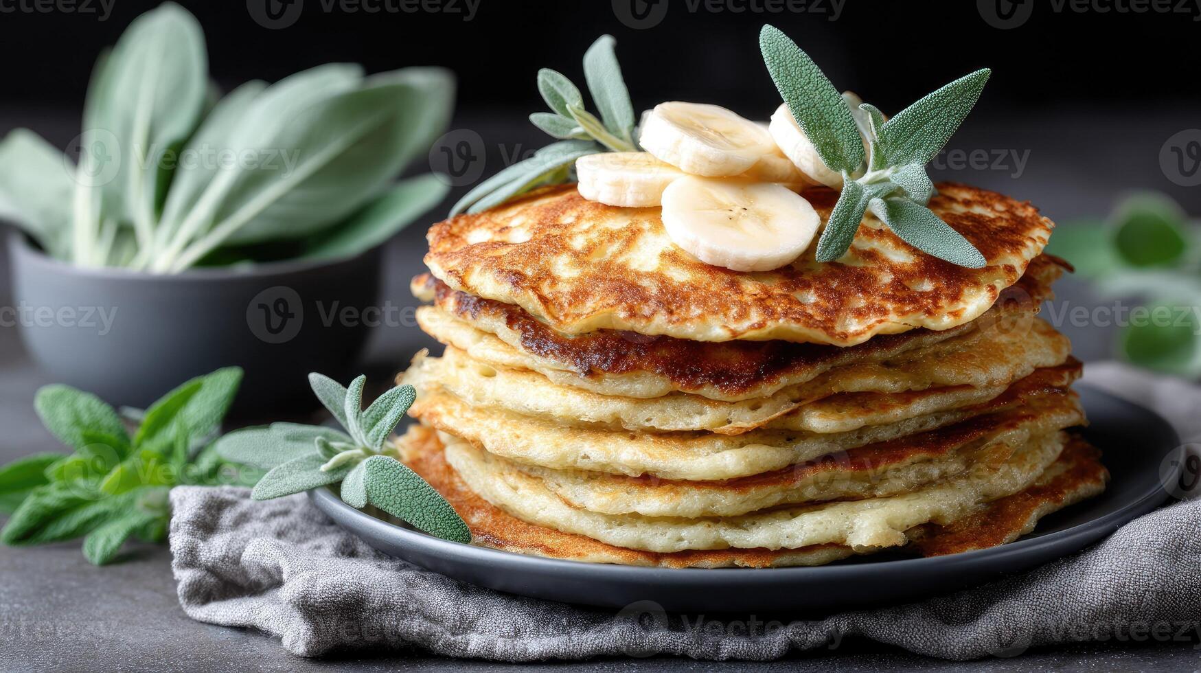 Stack of pancakes with banana and sage leaves photo