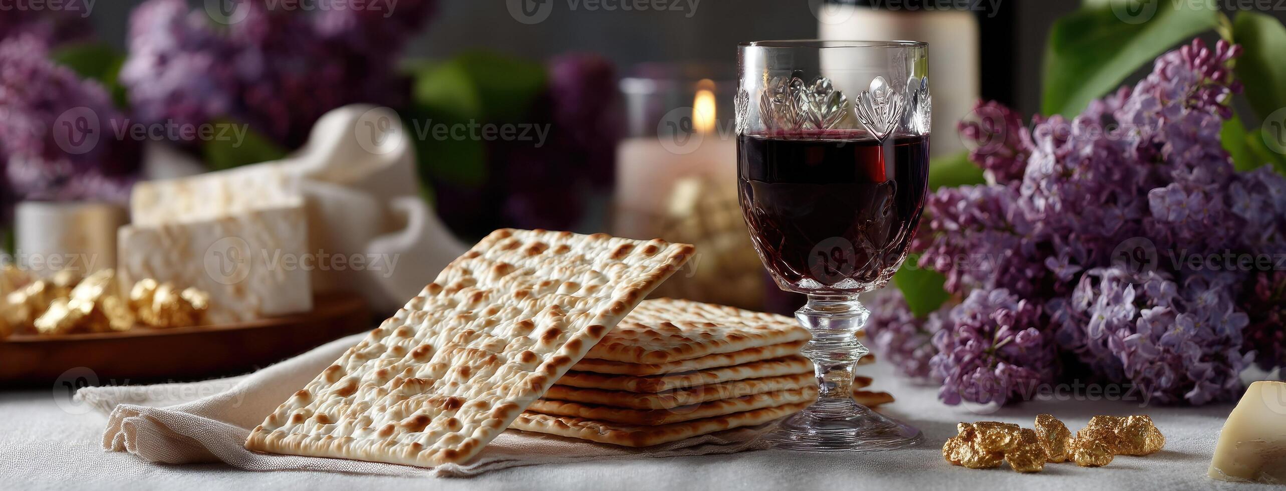 Matzah and wine on a table with purple flowers photo