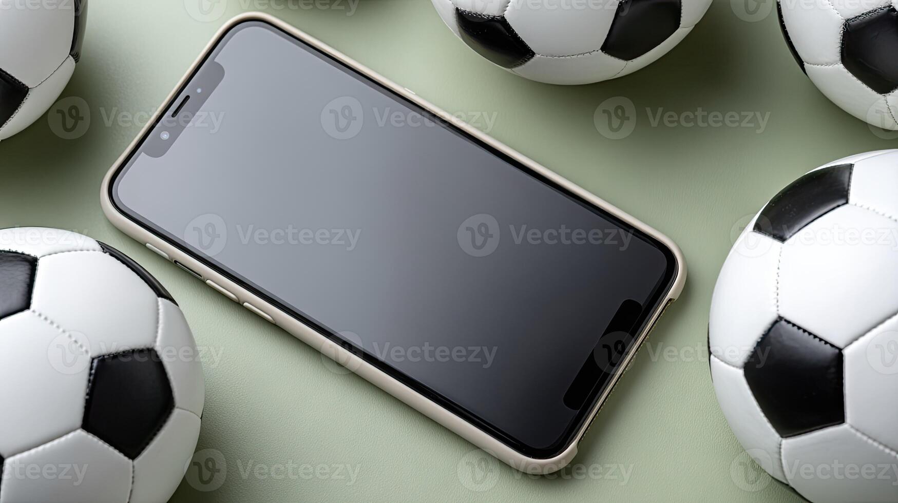 A smartphone is surrounded by soccer balls photo