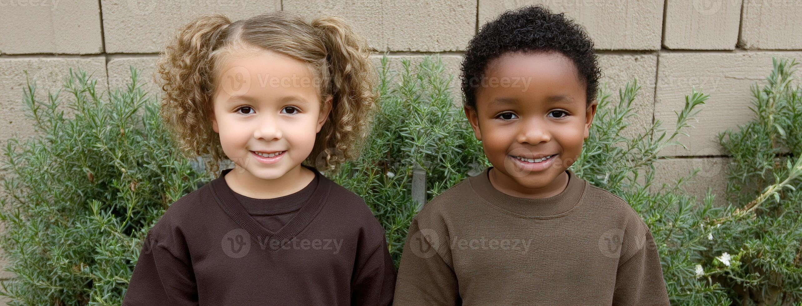 Two young children are standing next to each other photo