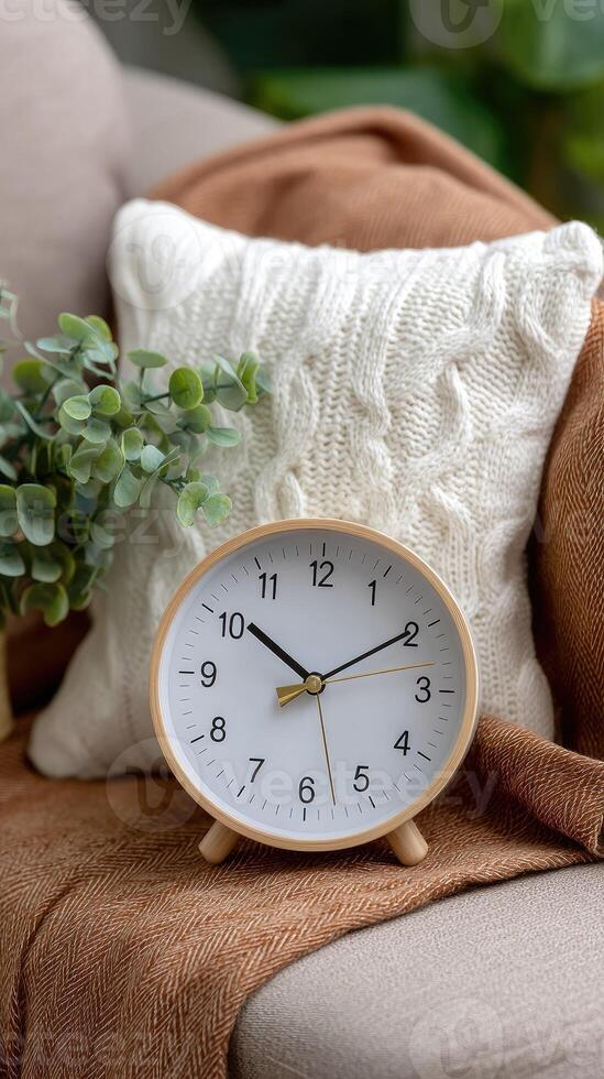 A clock on a couch with a pillow photo
