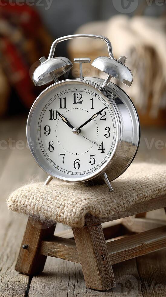 A clock on a wooden bench photo