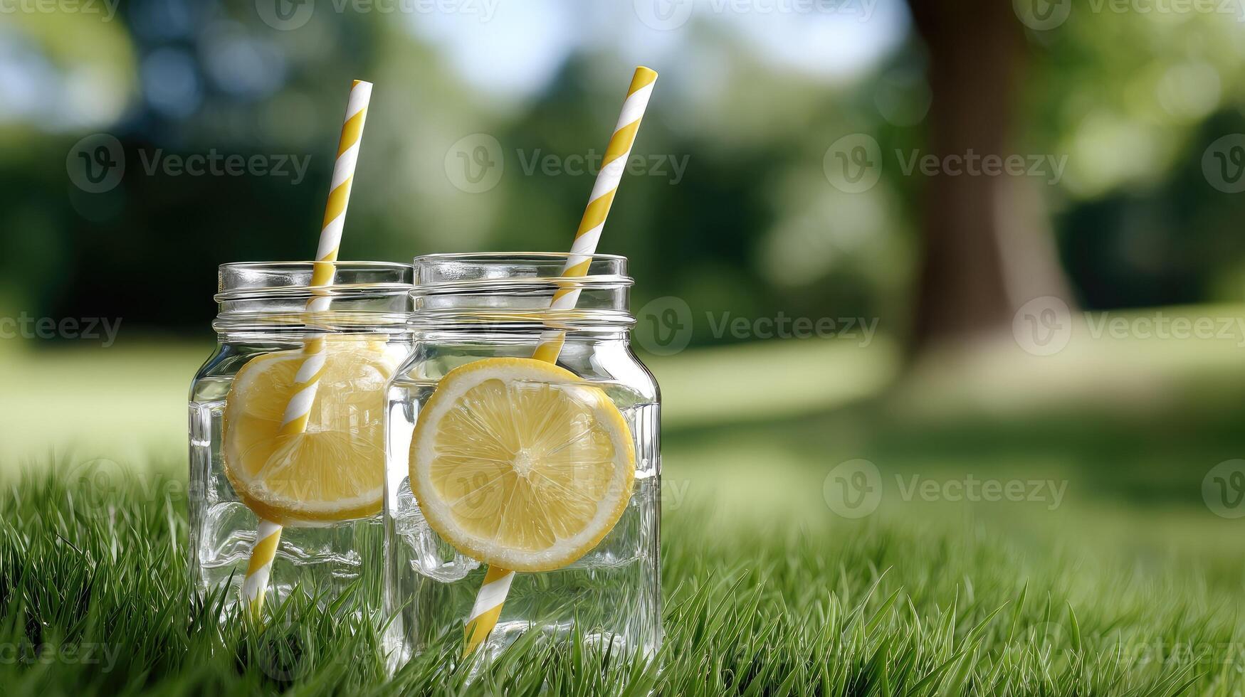 Two jars with lemon slices sitting on grass photo