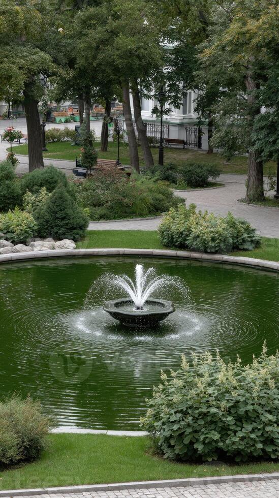 A fountain in a park with green grass and trees photo
