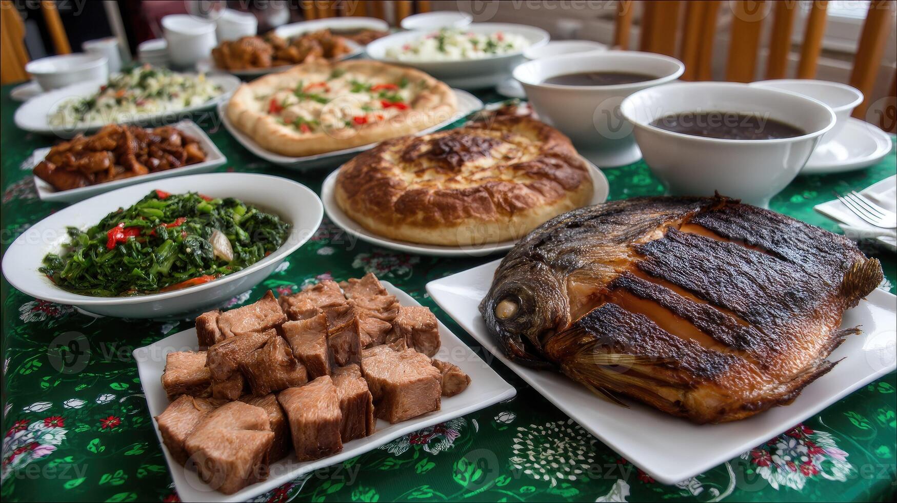 A table with many dishes of food on it photo