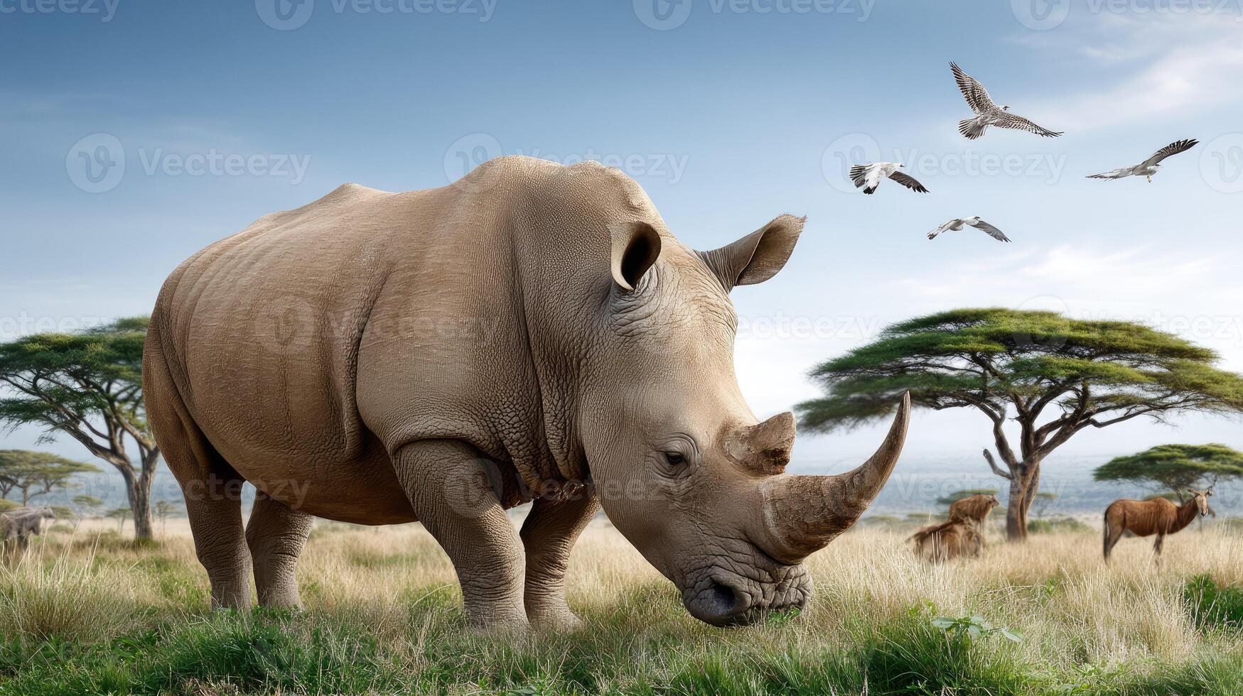 A rhino is standing in the grass with birds flying around photo