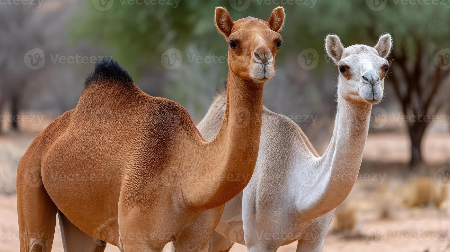 Two camels standing in the desert near trees photo