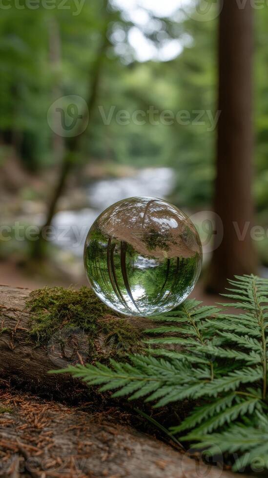 A glass ball sitting on a log in the woods photo