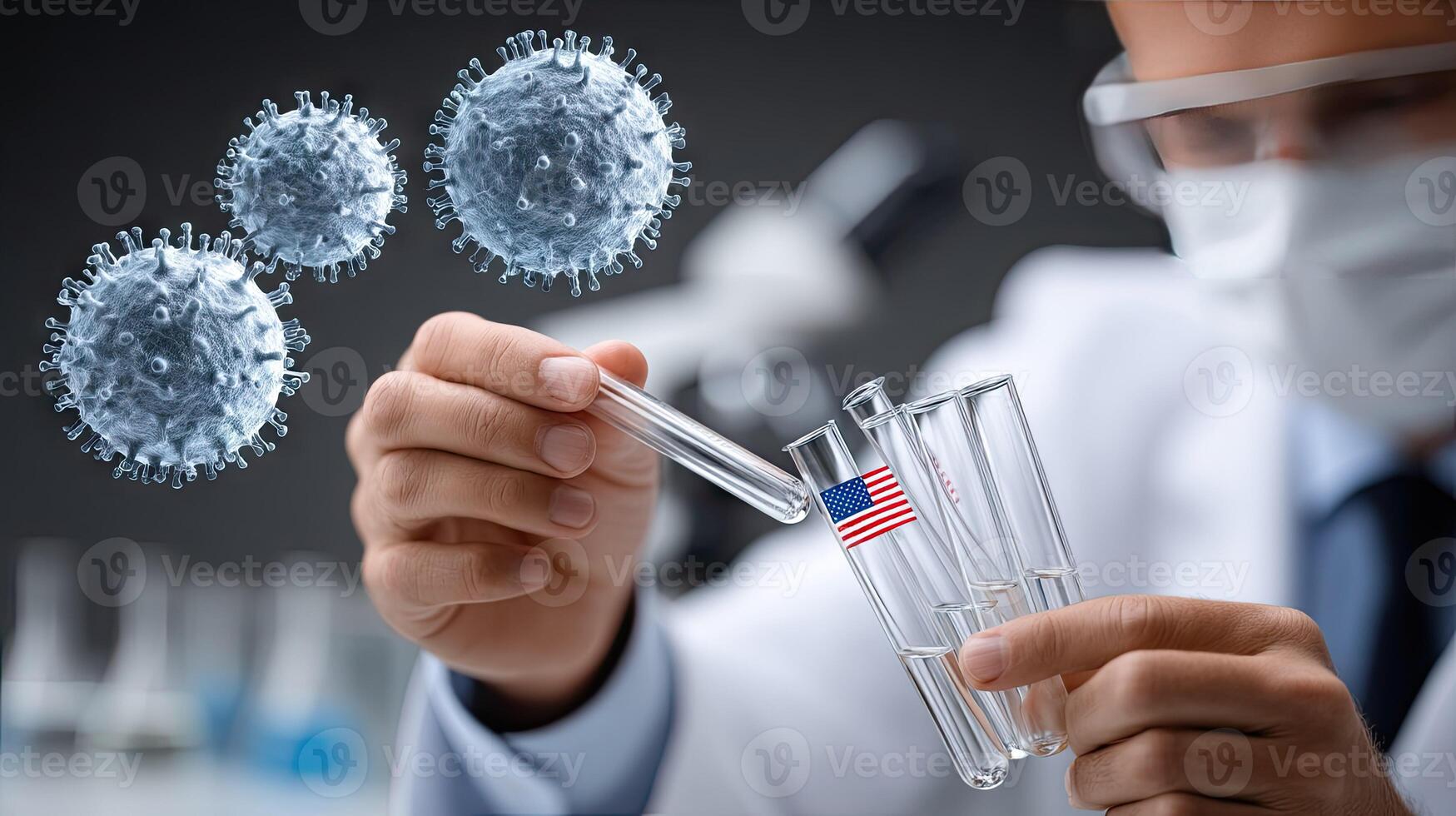 A man in a lab coat holds up a test tube with a flag on it photo