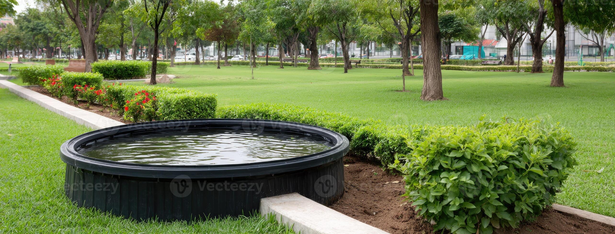 A water fountain in a park with green grass and trees photo