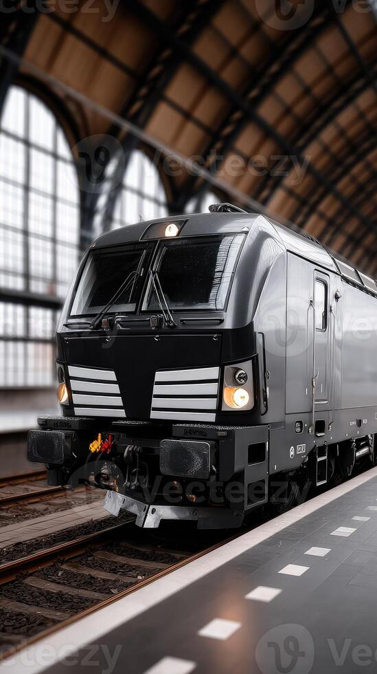 A train is driving down the tracks in a train station photo