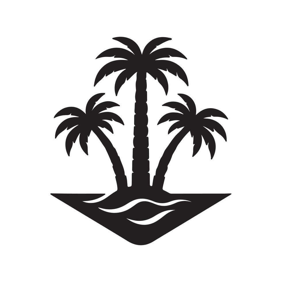 A silhouette of three palm trees on a tropical island with ocean waves vector