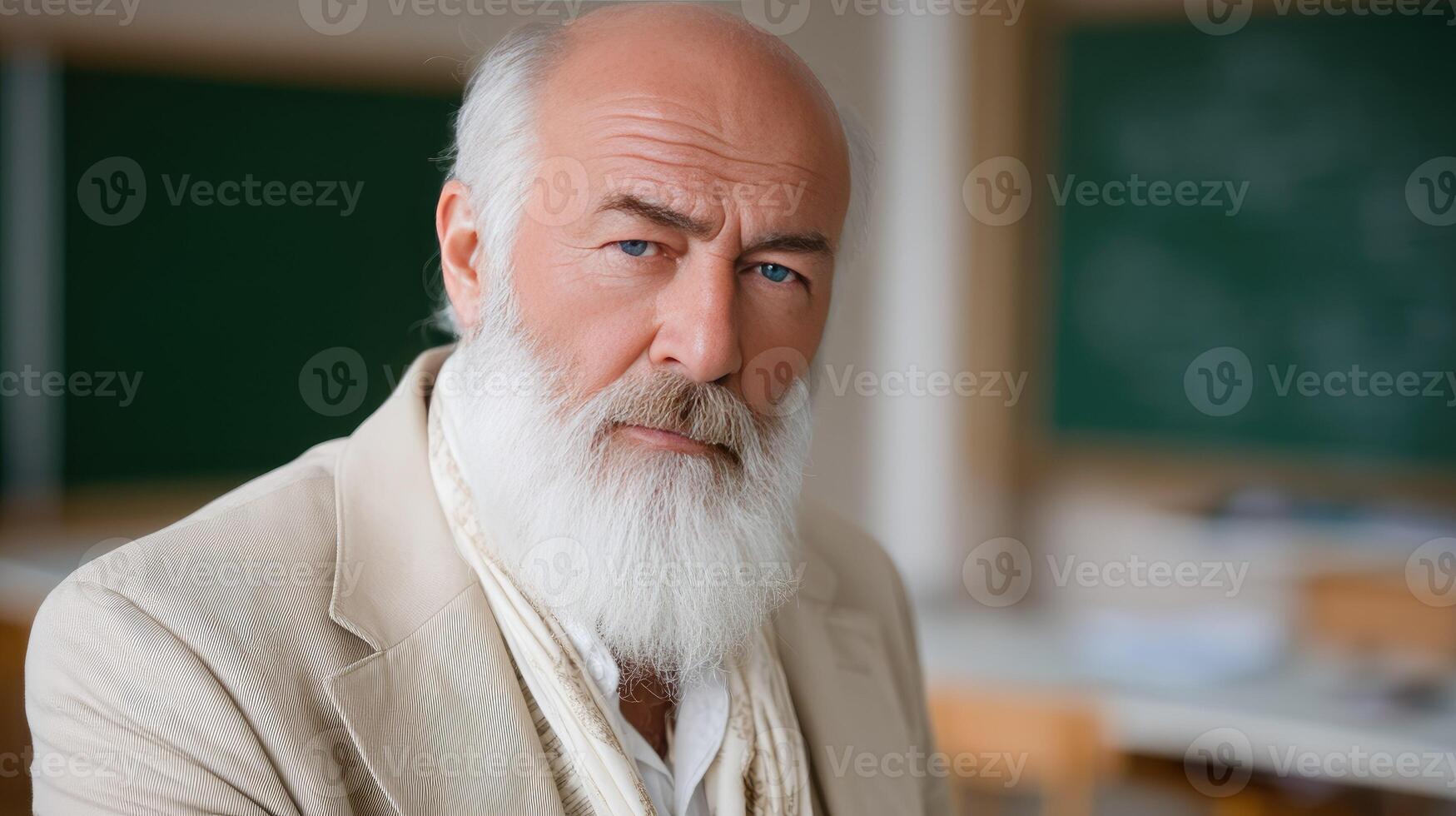 An old man with a white beard and a white shirt photo