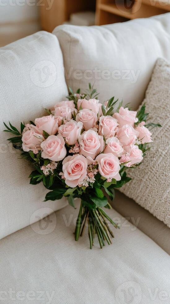 Pink roses on a couch photo