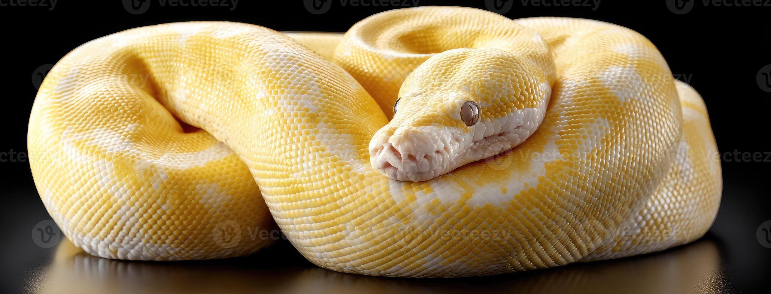 A yellow snake curled up on a black background photo