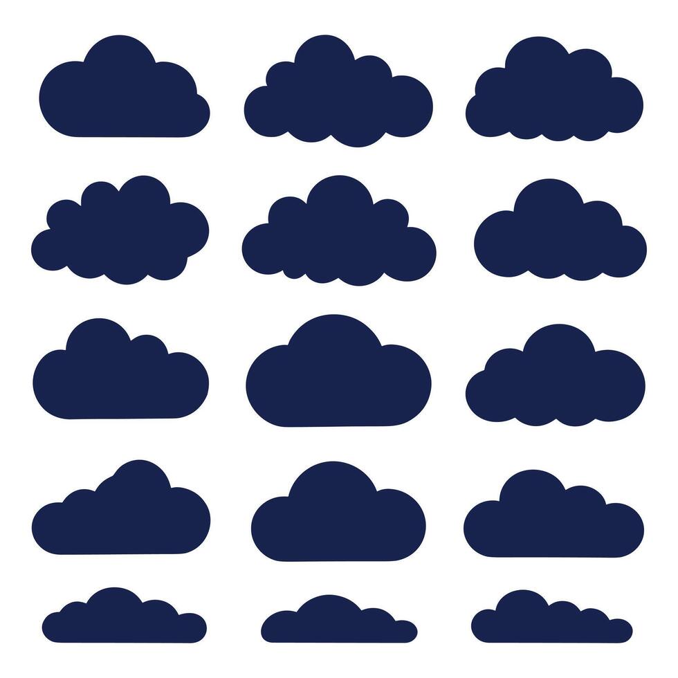 Set of Dark Cloud Silhouette Icons Flat Cloud Shapes Collection for Weather, Web, and Graphic Design vector