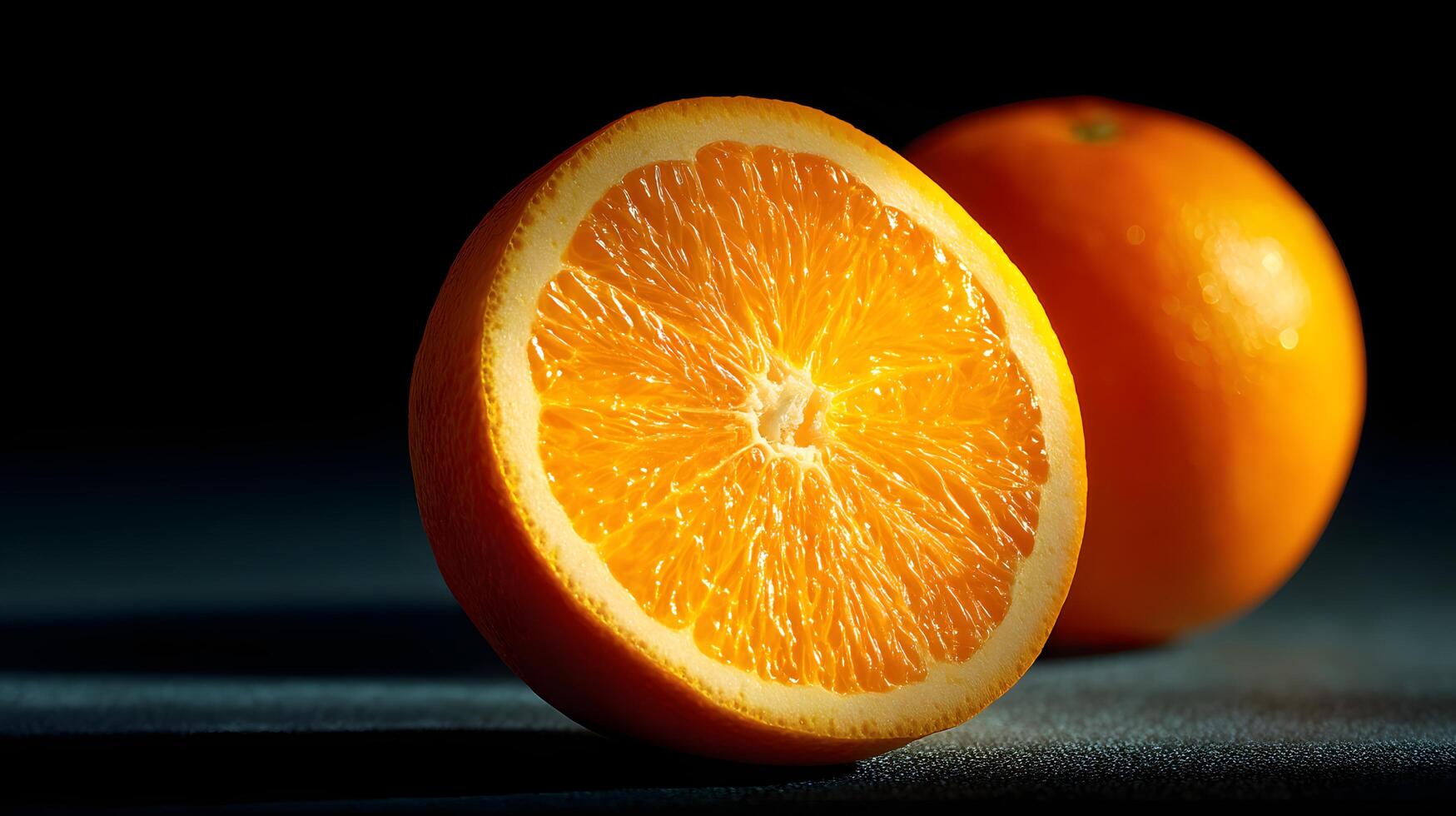 Juicy Orange Fruit Half with Whole Orange on Dark Background photo