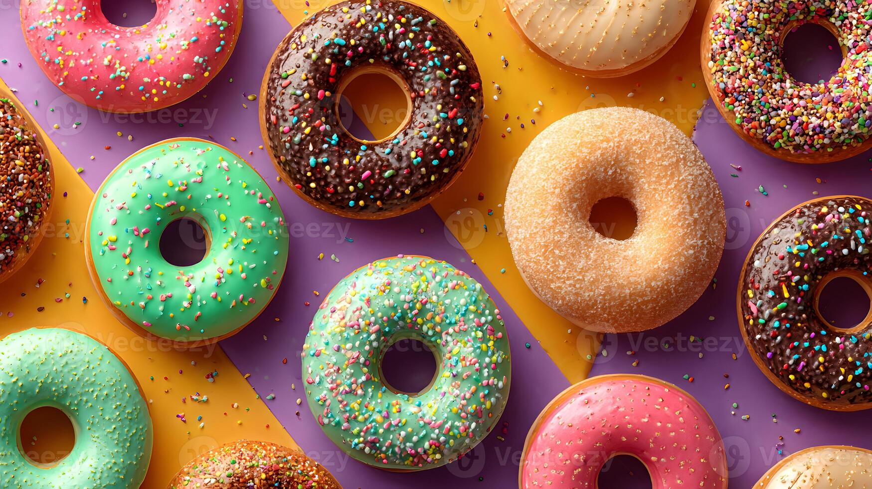 Assorted Colorful Donuts with Sprinkles Overhead Flatlay Sweet Treats photo