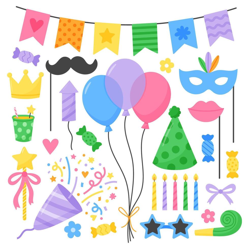 Set of colorful birthday party elements. Holiday decor for celebration. Flat hand drawn illustration vector