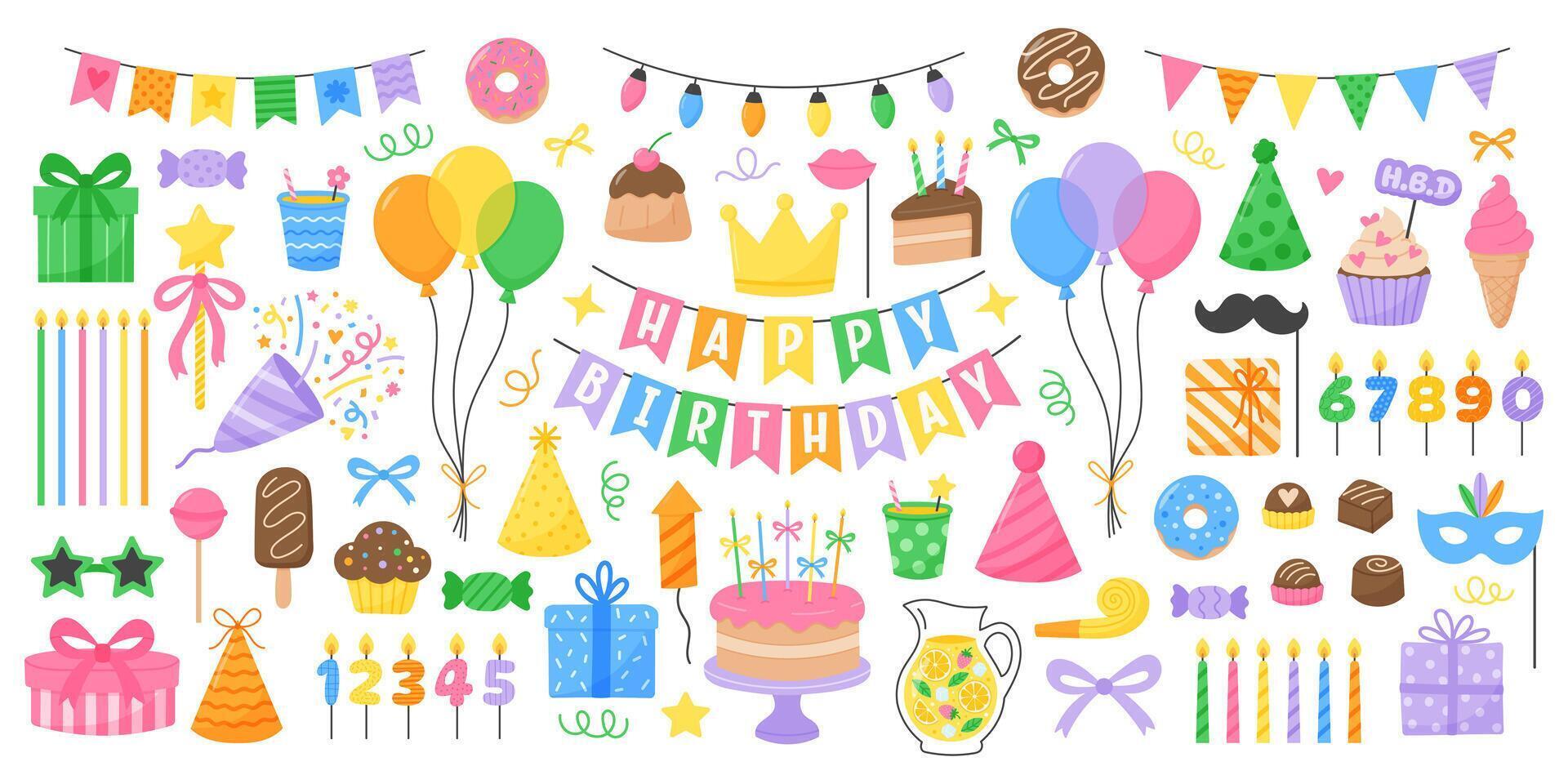 Happy birthday party elements including balloons, candles, gifts, cakes, and festive decorations on white background. Hand drawn flat illustration vector