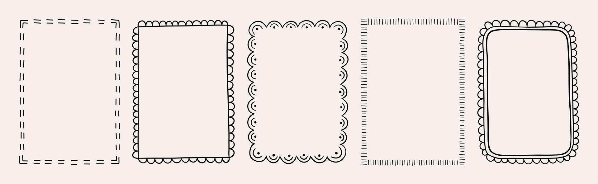 Set of decorative rectangular frames with dashed, scalloped, and lined designs. Flat hand drawn illustration vector
