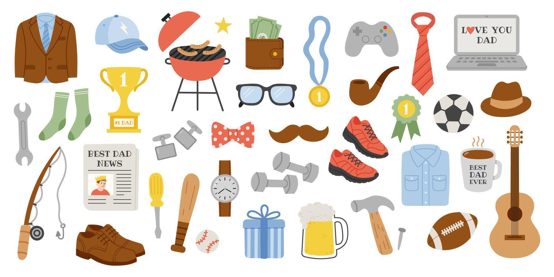 Set of happy father's day elements. Flat hand drawn illustration vector