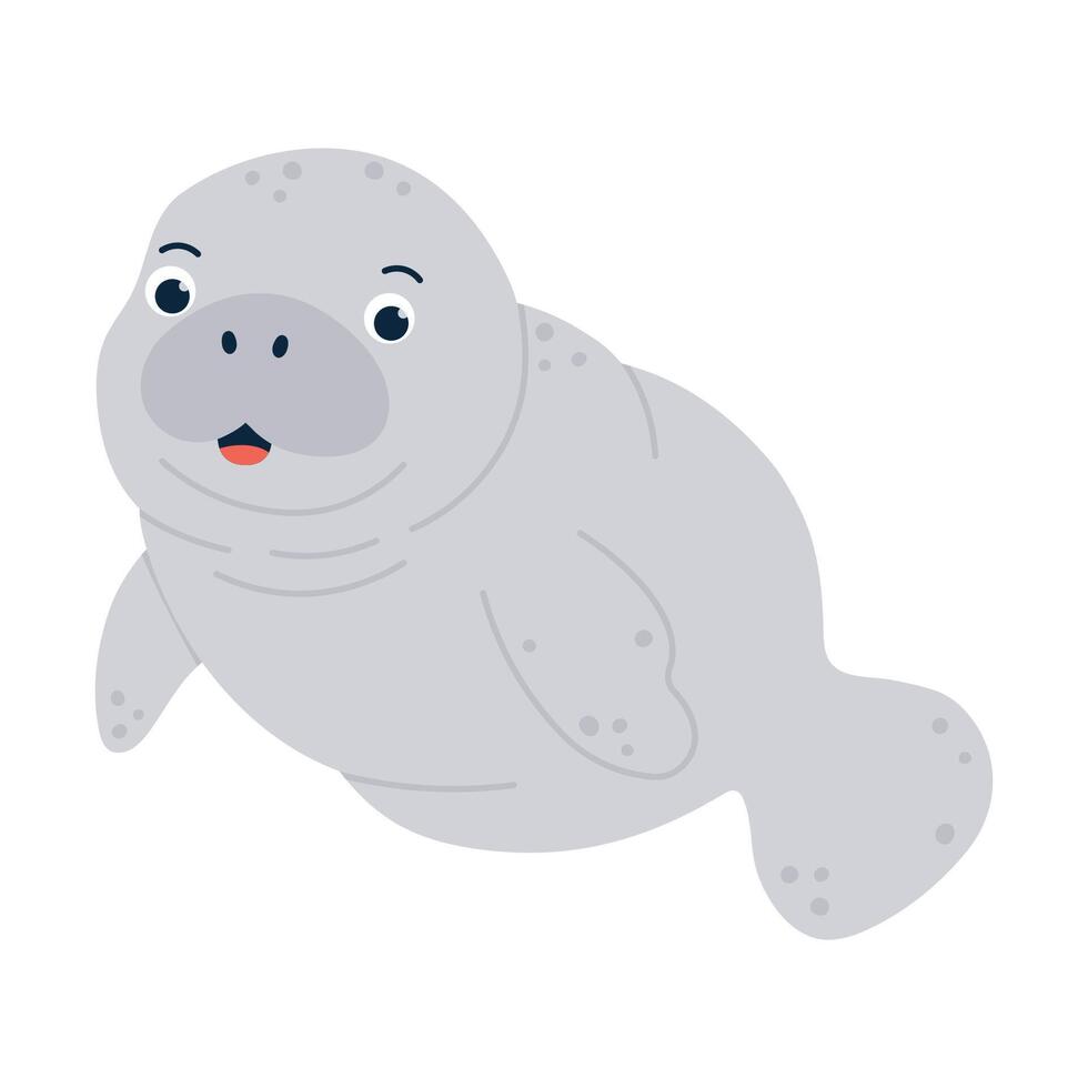 Kawaii cartoon grey manatee with a friendly expression on white background. Flat hand drawn illustration vector