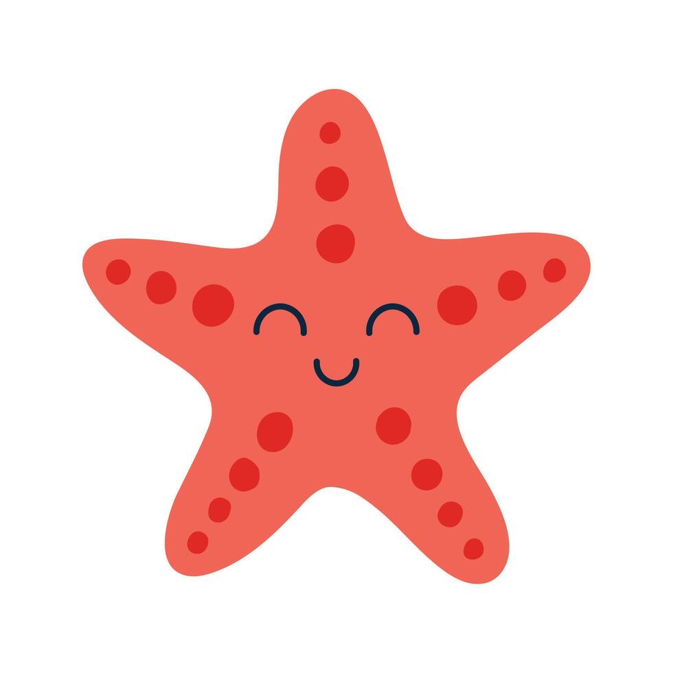 Cute kawaii red starfish character with a smiling face. Flat hand drawn illustration vector