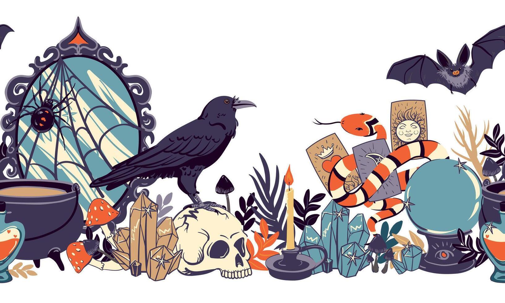 Seamless horizontal pattern with witch objects. Concept witchcraft, astrological, esoteric. border with mirror, cauldron, skull, potion, raven, snake, crystal, fortune-telling ball. vector