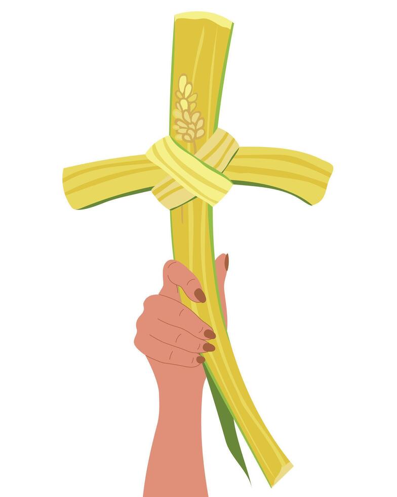 A hand holds a green palm leaf crucifix for the bration of Palm Sunday, Christian holiday before Easter. vector