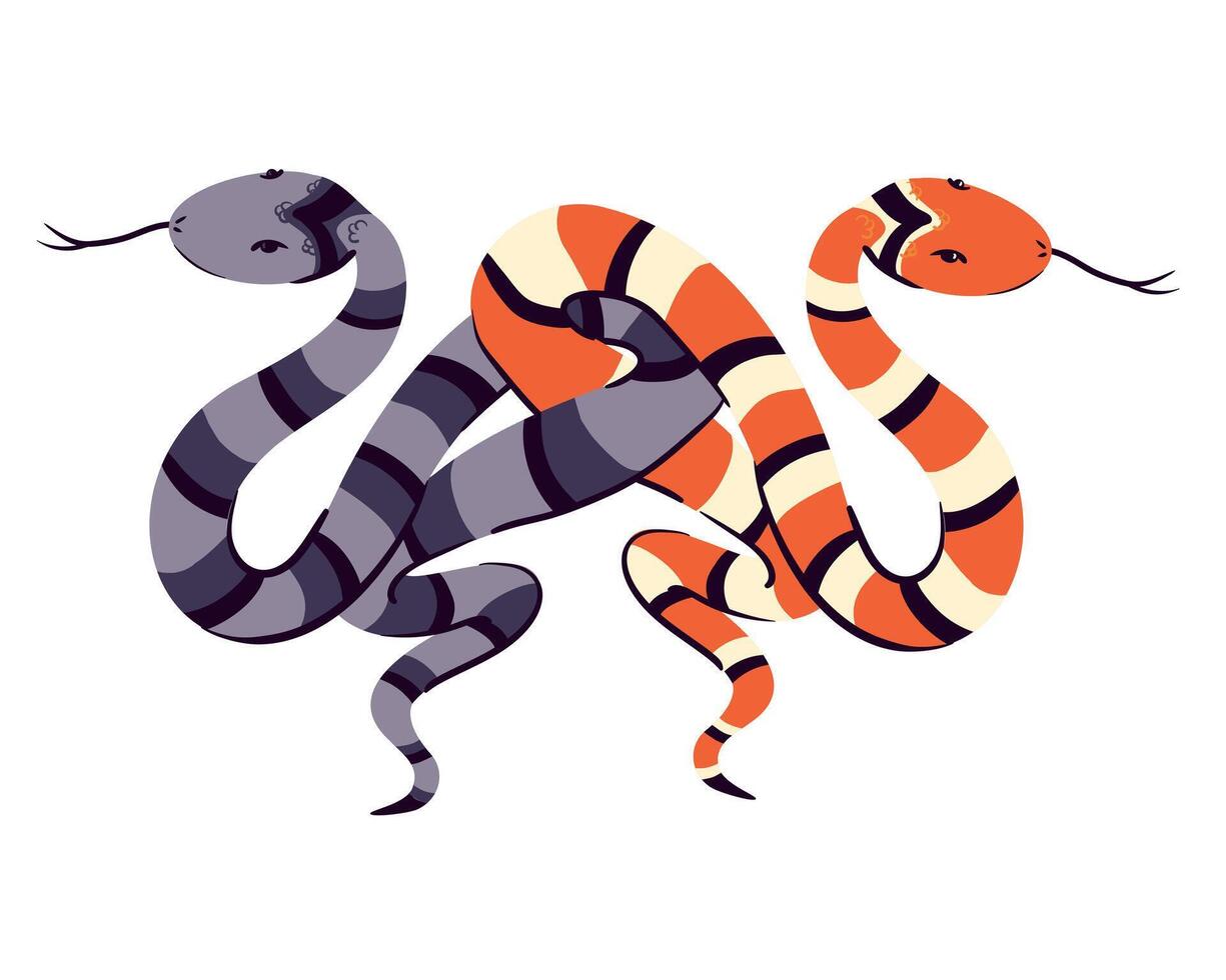 Two snakes intertwined by tails. illustration. Witch magic sign, totem animal, symbol of wisdom and knowledge. Ancient symbol of occultism, magic, infinity, mysticism. vector